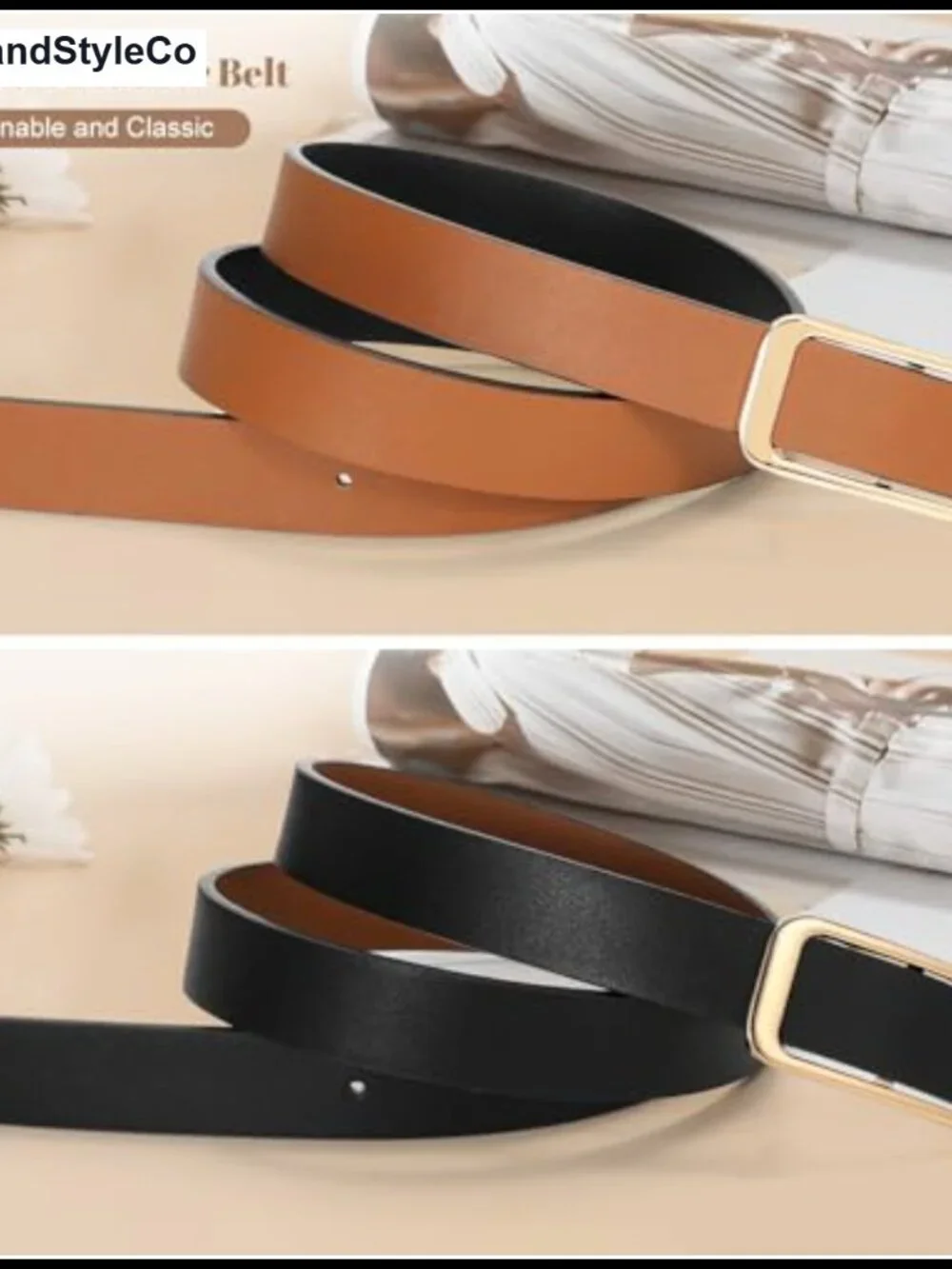 Reversible Faux Leather Belt with Gold Buckle - Skinny 0.9